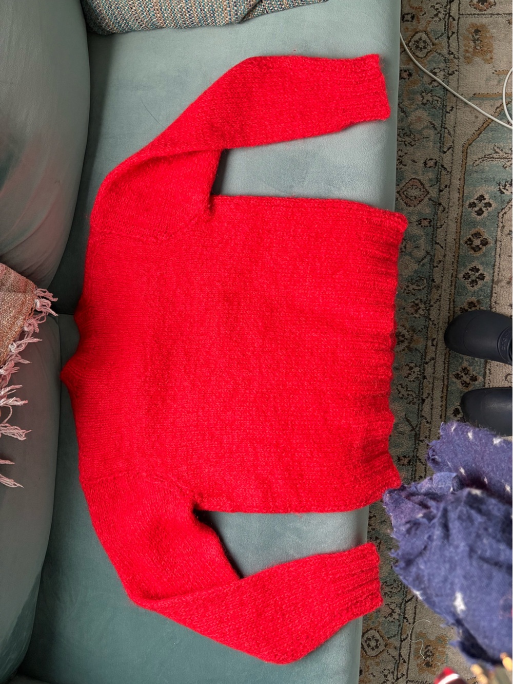 Handmade Knit Knitted Red V-Neck Wool Mohair Blend Sweater - Picture 2 of 3